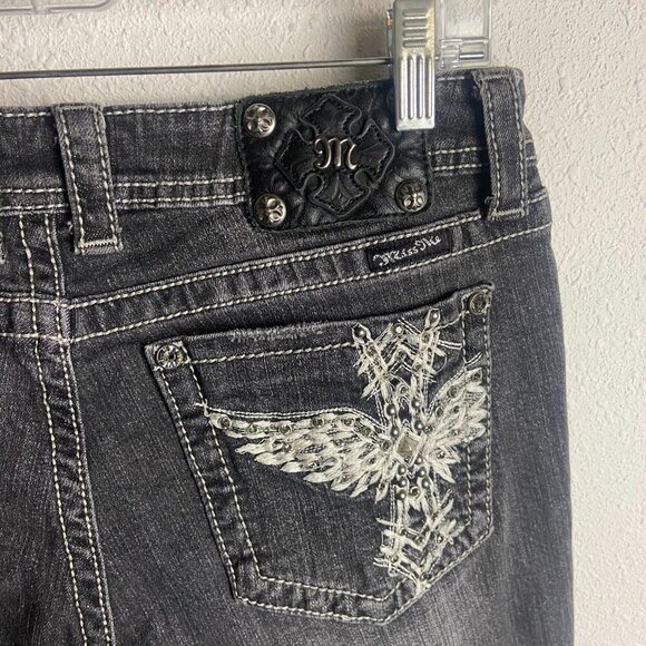 Miss Me Jeans Size 31 Bootcut Grey Denim Distressed Angel Wing Cross Y2K Western - Picture 4 of 9